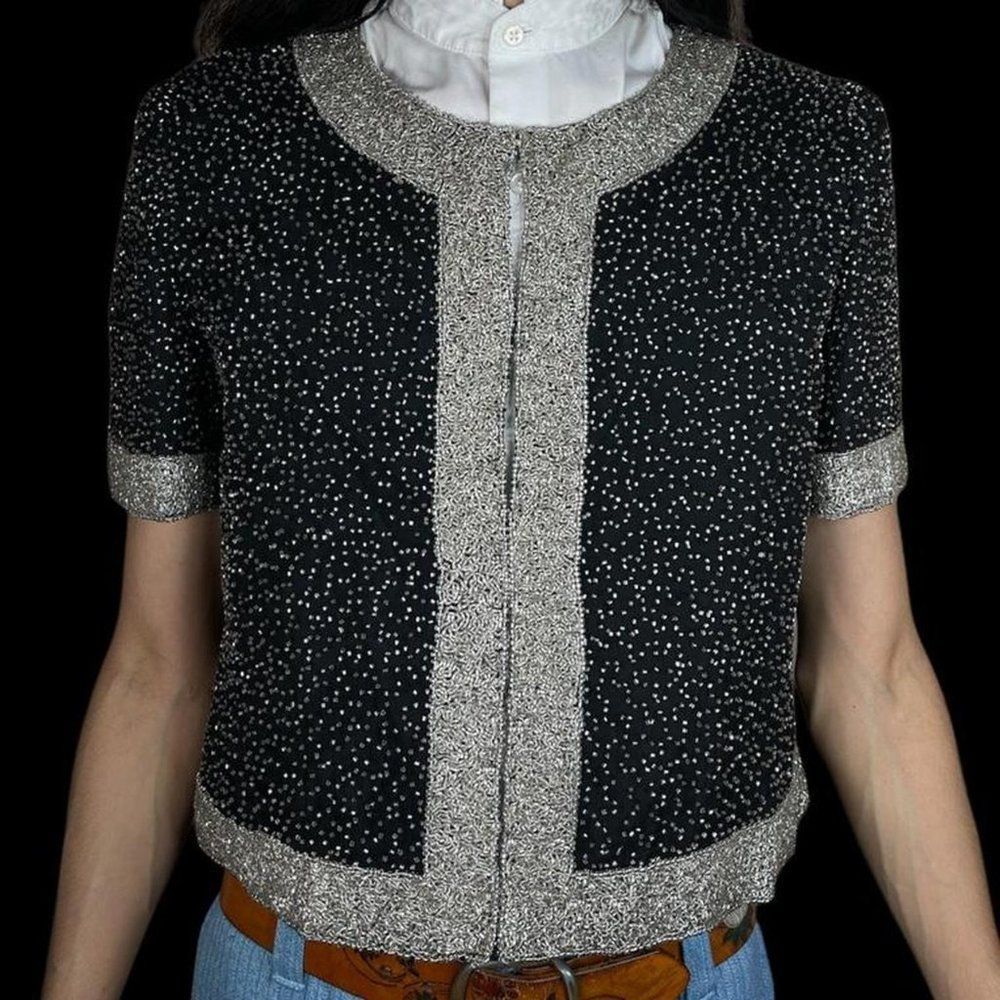 Beaded Blazer Vintage Sequin Bolero Jacket Short Sleeve Silk Coat - Picture 1 of 4